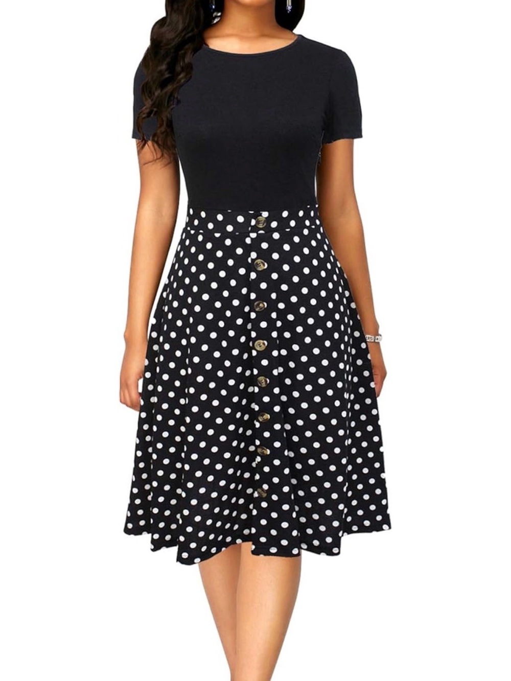 Berydress Women's Polka dot Short Sleeve Sundress Knee-Length Flared A-Line Midi